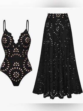 One Piece Laser-Cut Petal Swimsuit and Maxi Skirt Set - Size S